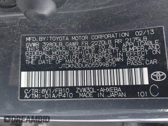 2013 Toyota Prius One with VIN JTDKN3DU6D5599875, listed as a IAAI auction lot 42057892 with 118,216 mi miles. Bid and sale history available at carsss.com. Image 9.