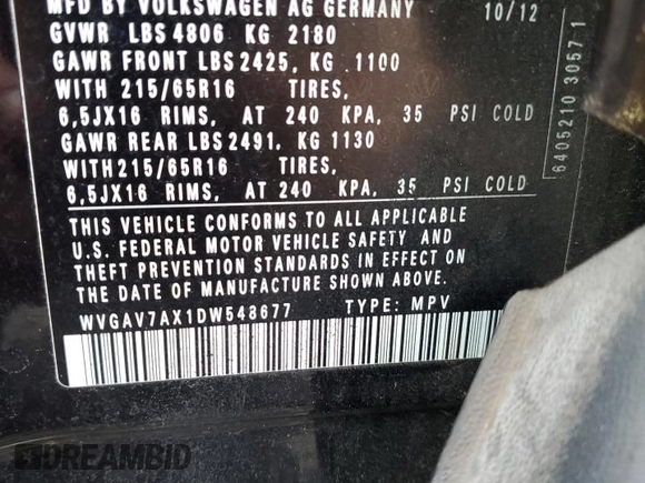 2013 Volkswagen Tiguan S with VIN WVGAV7AX1DW548677, listed as a Copart auction lot 52787255 with 72,256 mi miles and Salvage title. Bid and sale history available at DreamBid. Image 15.