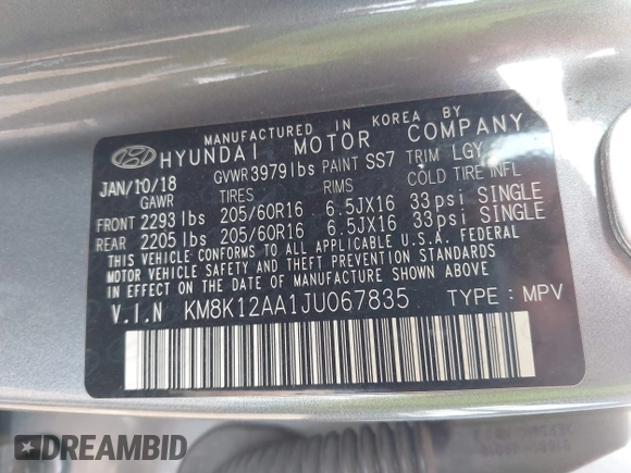 2018 Hyundai Kona SE with VIN KM8K12AA1JU067835, listed as a IAAI auction lot 41403740 with 88,378 mi miles and . Bid and sale history available at DreamBid. Image 9.