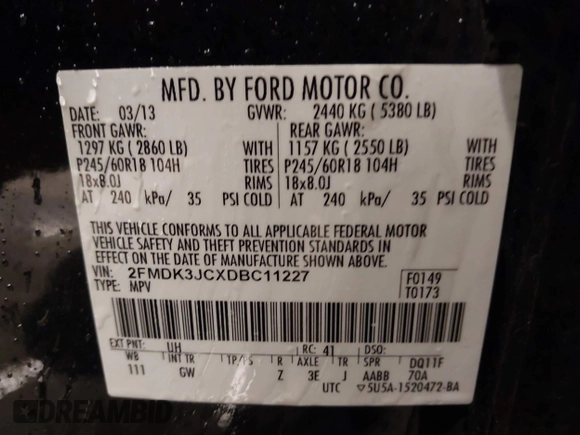 2013 Ford Edge SEL with VIN 2FMDK3JCXDBC11227, listed as a IAAI auction lot 41533191 with 309,949 mi miles. Bid and sale history available at carsss.com. Image 9.