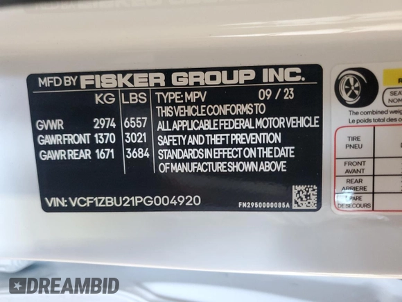 2023 Fisker Ocean One с VIN VCF1ZBU21PG004920, выставлен на аукционе Copart как лот 71388614 с пробегом 7 629 миль миль и Чистый • Clean title. История ставок и продаж доступна на DreamBid. Изображение 12.