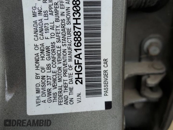 2007 Honda Civic EX with VIN 2HGFA16887H308759, listed as a Copart auction lot 47852395 with 80,540 mi miles and Salvage Title. Bid and sale history available at DreamBid. Image 12.