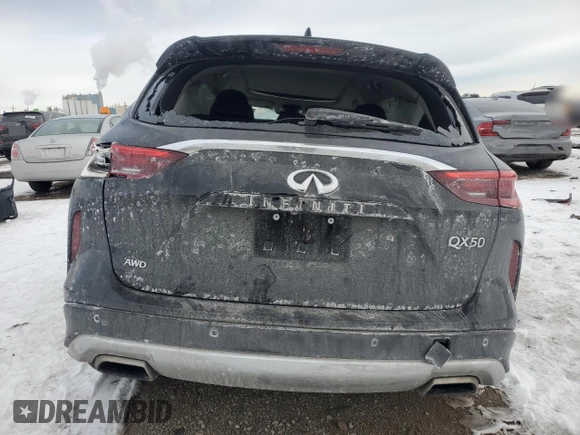 2021 Infiniti QX50 Luxe with VIN 3PCAJ5BB0MF114729, listed as a Copart auction lot 45932295 with Not Provided miles and Salvage Title. Bid and sale history available at DreamBid. Image 6.