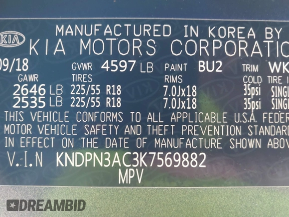 2019 Kia Sportage EX with VIN KNDPN3AC3K7569882, listed as a IAAI auction lot 42094311 with 67,816 mi miles and . Bid and sale history available at DreamBid. Image 9.
