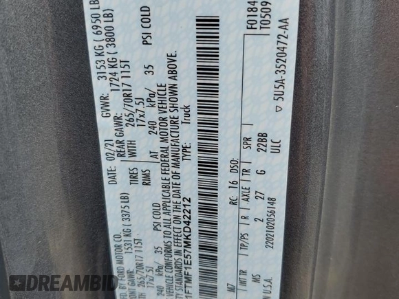 2021 Ford F-150 XL with VIN 1FTMF1E57MKD42212, listed as a Copart auction lot 61053984 with Not provided miles and Salvage title. Bid and sale history available at DreamBid. Image 13.