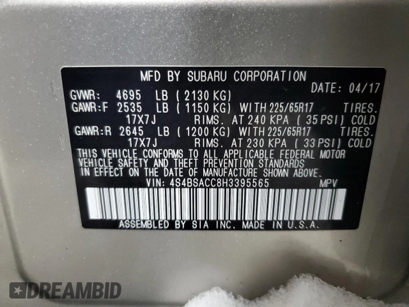2017 Subaru Outback Premium with VIN 4S4BSACC8H3395565, listed as a Copart auction lot 45200505 with 104,045 mi miles and Salvage Title. Bid and sale history available at DreamBid. Image 14.