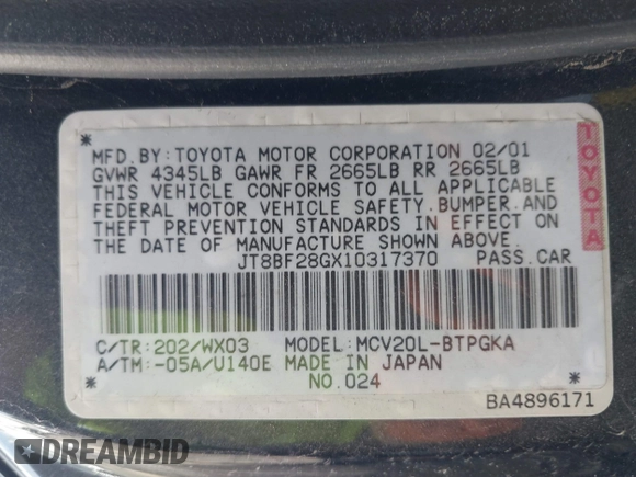 2001 Lexus ES with VIN JT8BF28GX10317370, listed as a IAAI auction lot 41512950 with 221,206 mi miles. Bid and sale history available at carsss.com. Image 9.