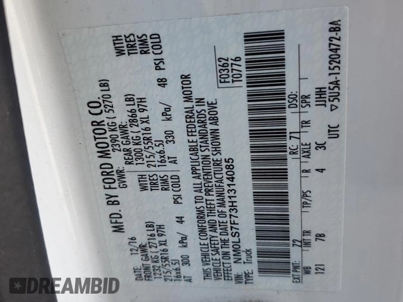 2017 Ford Transit Connect XLT с VIN NM0LS7F73H1314085, выставлен на аукционе Copart как лот 61482555 с пробегом Не указан миль и Списание • Salvage title. История ставок и продаж доступна на DreamBid. Изображение 12.