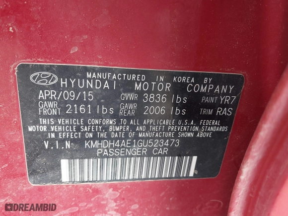 2016 Hyundai Elantra SE with VIN KMHDH4AE1GU523473, listed as a IAAI auction lot 41763590 with 195,597 mi miles. Bid and sale history available at carsss.com. Image 9.