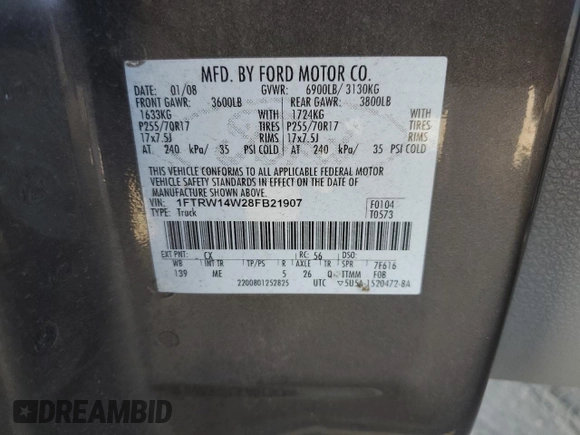 2008 Ford F-150 XL with VIN 1FTRW14W28FB21907, listed as a Copart auction lot 46291465 with 228,558 mi miles and Salvage Title. Bid and sale history available at carsss.com. Image 12.