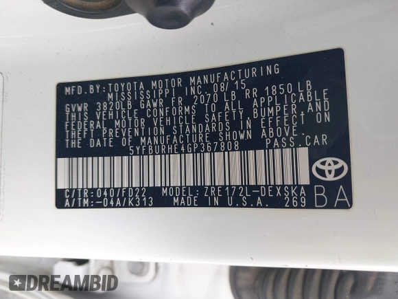 2016 Toyota Corolla L with VIN 5YFBURHE4GP367808, listed as a IAAI auction lot 41893231 with 156,999 mi miles and . Bid and sale history available at DreamBid. Image 9.