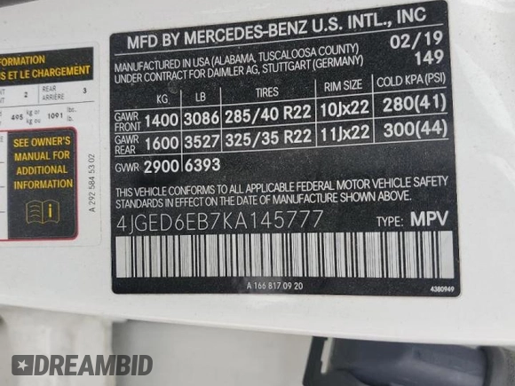 2019 Mercedes-Benz GLE 43 AMG with VIN 4JGED6EB7KA145777, listed as a Copart auction lot 47424505 with 73,487 mi miles and Salvage title. Bid and sale history available at DreamBid. Image 14.