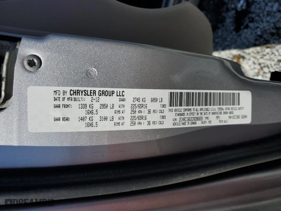 2012 Chrysler Town & Country Touring with VIN 2C4RC1BG3CR286693, listed as a Copart auction lot 48011015 with 106,974 mi miles and Salvage Title. Bid and sale history available at carsss.com. Image 14.