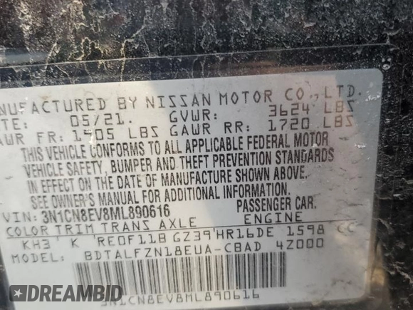 2021 Nissan Versa SV with VIN 3N1CN8EV8ML890616, listed as a Copart auction lot 47128505 with 73,006 mi miles and Salvage Title. Bid and sale history available at DreamBid. Image 15.