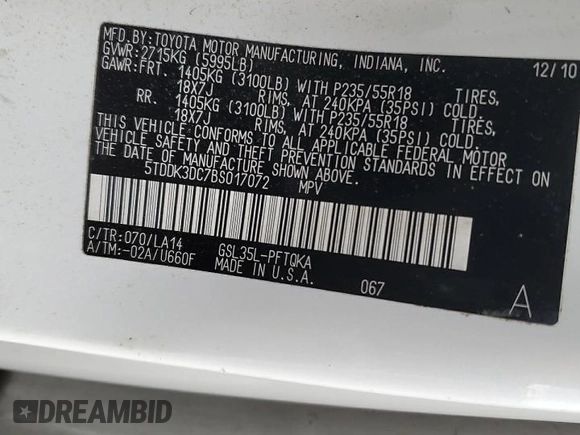 2011 Toyota Sienna XLE z VIN 5TDDK3DC7BS017072, wystawiony jako Copart lot #54687525 z przebiegiem 128 385 mil mil oraz Szkoda całkowita • Salvage title. Historia ofert i sprzedaży dostępna na DreamBid. Obrazek 12.