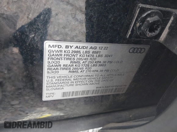 2023 Audi Q7 Premium Plus with VIN WA1LXBF70PD010789, listed as a IAAI auction lot 42087832 with 55,010 mi miles and . Bid and sale history available at DreamBid. Image 9.