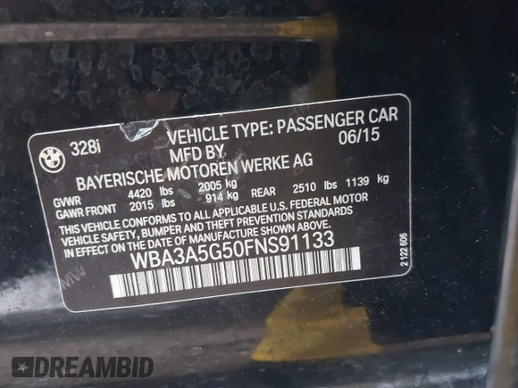 2015 BMW 3 Series 328i with VIN WBA3A5G50FNS91133, listed as a IAAI auction lot 41890141 with 119,495 mi miles. Bid and sale history available at carsss.com. Image 9.