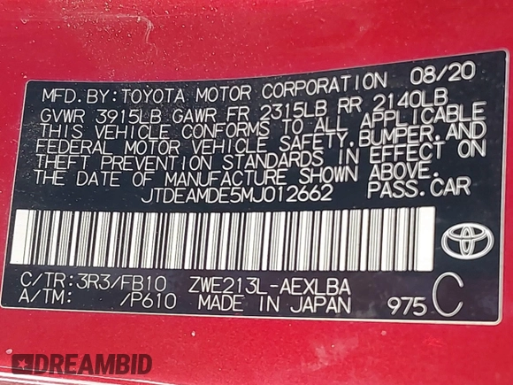 2021 Toyota Corolla Hybrid LE with VIN JTDEAMDE5MJ012662, listed as a IAAI auction lot 41421205 with 138,533 mi miles. Bid and sale history available at carsss.com. Image 9.