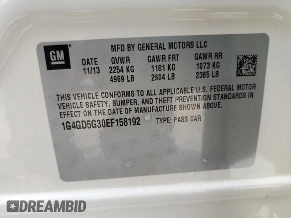 2014 Buick LaCrosse Premium I with VIN 1G4GD5G30EF158192, listed as a Copart auction lot 60464335 with 68,660 mi miles and Salvage title. Bid and sale history available at DreamBid. Image 12.