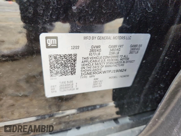 2023 Chevrolet Traverse LT Cloth с VIN 1GNERGKW7PJ190624, выставлен на аукционе Copart как лот 61220275 с пробегом 29 215 миль миль и Списание • Salvage title. История ставок и продаж доступна на DreamBid. Изображение 13.