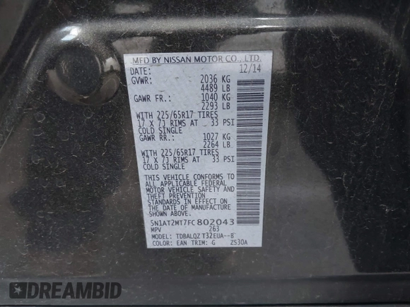 2015 Nissan Rogue SL with VIN 5N1AT2MT7FC802043, listed as a IAAI auction lot 41535141 with 126,579 mi miles. Bid and sale history available at carsss.com. Image 9.