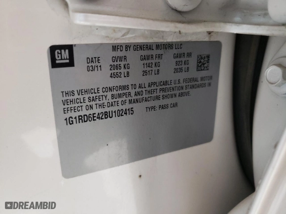 2011 Chevrolet Volt with VIN 1G1RD6E42BU102415, listed as a Copart auction lot 52545165 with 145,540 mi miles and Salvage Title. Bid and sale history available at carsss.com. Image 12.