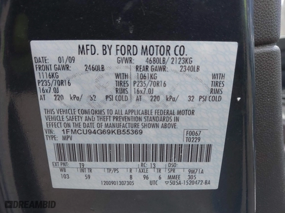 2009 Ford Escape Limited with VIN 1FMCU94G69KB55369, listed as a IAAI auction lot 41879366 with 173,061 mi miles. Bid and sale history available at carsss.com. Image 9.