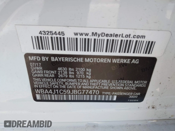2018 BMW 4 Series 430i with VIN WBA4J1C59JBG77470, listed as a IAAI auction lot 41534689 with 141,710 mi miles and . Bid and sale history available at carsss.com. Image 9.
