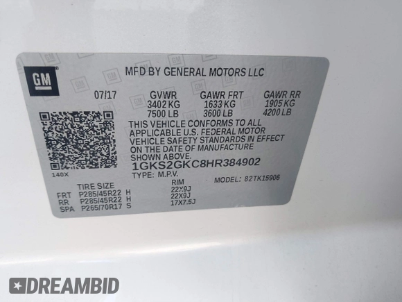 2017 GMC Yukon XL SLT with VIN 1GKS2GKC8HR384902, listed as a IAAI auction lot 39649419 with 27,260 mi miles. Bid and sale history available at carsss.com. Image 9.