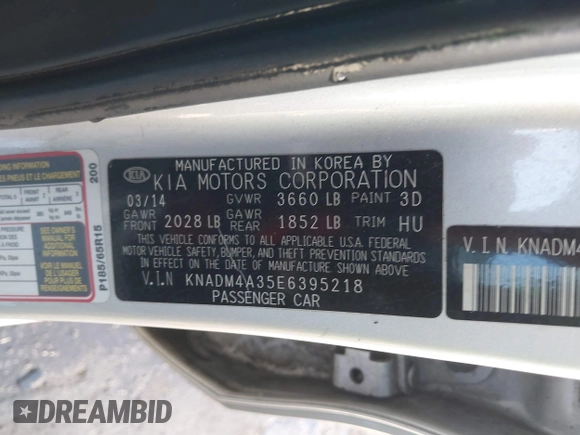 2014 Kia Rio LX with VIN KNADM4A35E6395218, listed as a IAAI auction lot 41614054 with 134,535 mi miles and . Bid and sale history available at DreamBid. Image 9.