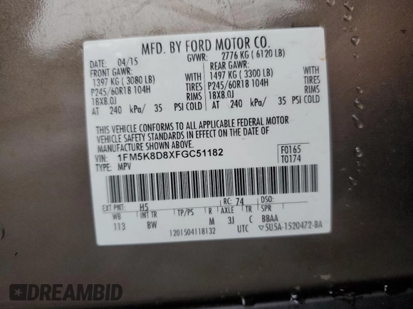 2015 Ford Explorer XLT with VIN 1FM5K8D8XFGC51182, listed as a Copart auction lot 44269345 with 121,858 mi miles and Salvage Title. Bid and sale history available at carsss.com. Image 15.