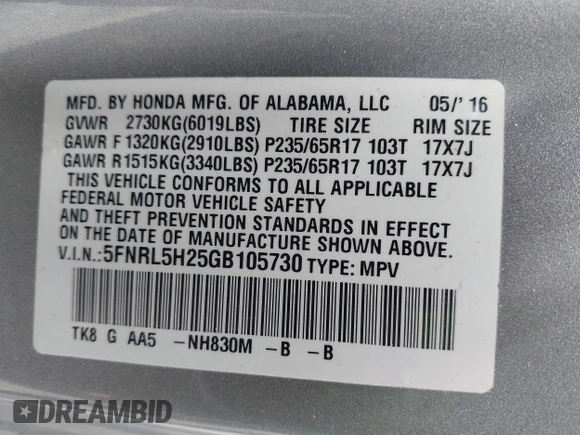 2016 Honda Odyssey LX с VIN 5FNRL5H25GB105730, выставлен на аукционе IAAI как лот 42275460 с пробегом 117 018 миль миль и . История ставок и продаж доступна на DreamBid. Изображение 9.