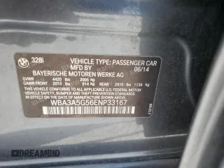 2014 BMW 3 Series 328i with VIN WBA3A5G56ENP33167, listed as a Copart auction lot 61406885 with 125,967 mi miles and Salvage title. Bid and sale history available at DreamBid. Image 12.