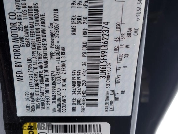 2020 Lincoln MKZ Reserve with VIN 3LN6L5F99LR622374, listed as a Copart auction lot 88517945 with Not Provided miles and Non Repairable. Bid and sale history available at DreamBid. Image 12.