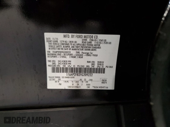 2015 Ford Taurus Limited с VIN 1FAHP2F82FG209222, выставлен на аукционе Copart как лот 59304935 с пробегом 108 952 миль миль и Списание • Salvage title. История ставок и продаж доступна на DreamBid. Изображение 12.