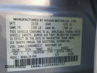 2006 Nissan Altima S with VIN 1N4AL11D46N460217, listed as a Copart auction lot 57550515 with 191,307 mi miles and Salvage title. Bid and sale history available at DreamBid. Image 12.