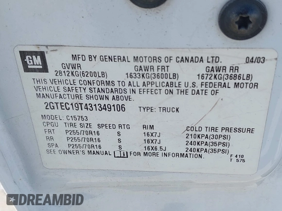 2003 GMC Sierra 1500 SLE z VIN 2GTEC19T431349106, wystawiony jako IAAI lot #41806559 z przebiegiem 318 607 mil mil oraz . Historia ofert i sprzedaży dostępna na DreamBid. Obrazek 9.