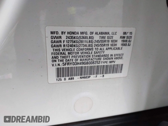 2016 Acura MDX w/Tech with VIN 5FRYD3H49GB008253, listed as a IAAI auction lot 41564115 with 127,500 mi miles. Bid and sale history available at carsss.com. Image 9.