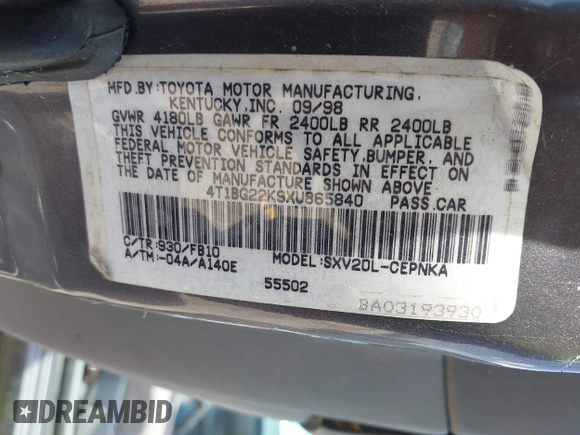 1999 Toyota Camry LE с VIN 4T1BG22K9XU865840, выставлен на аукционе IAAI как лот 42165233 с пробегом 250 372 миль миль и . История ставок и продаж доступна на DreamBid. Изображение 9.