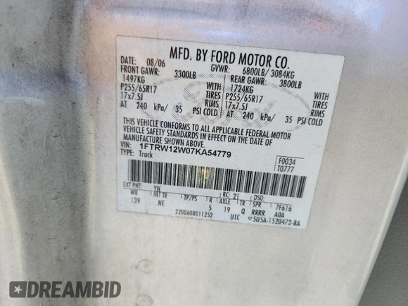 2007 Ford F-150 XLT с VIN 1FTRW12W07KA54779, выставлен на аукционе Copart как лот 64804035 с пробегом 264 214 миль миль и Чистый • Clean title. История ставок и продаж доступна на DreamBid. Изображение 12.