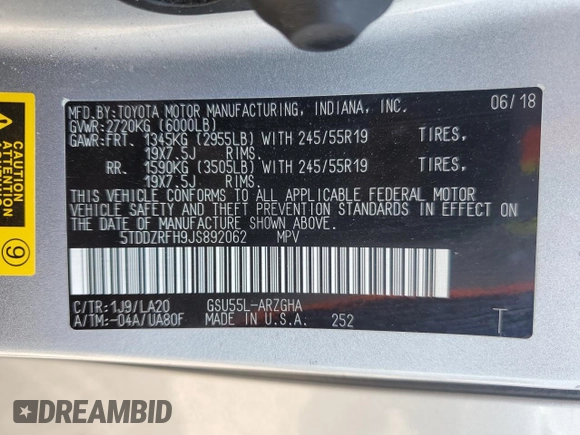 2018 Toyota Highlander Limited with VIN 5TDDZRFH9JS892062, listed as a Copart auction lot 60504915 with 108,059 mi miles and Salvage title. Bid and sale history available at DreamBid. Image 12.