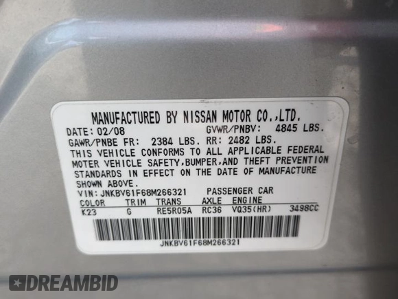 2008 Infiniti G35 x with VIN JNKBV61F68M266321, listed as a Copart auction lot 49922955 with Not Provided miles and Salvage Title. Bid and sale history available at DreamBid. Image 12.
