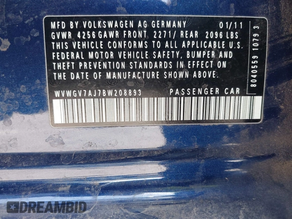 2011 Volkswagen GTI с VIN WVWGV7AJ7BW208893, выставлен на аукционе IAAI как лот 42256639 с пробегом 152 078 миль миль и . История ставок и продаж доступна на DreamBid. Изображение 9.