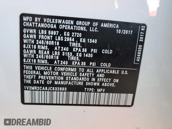 2018 Volkswagen Atlas SEL with VIN 1V2MR2CA8JC532893, listed as a Copart auction lot 42586405 with 87,683 mi miles and Non repairable. Bid and sale history available at DreamBid. Image 13.