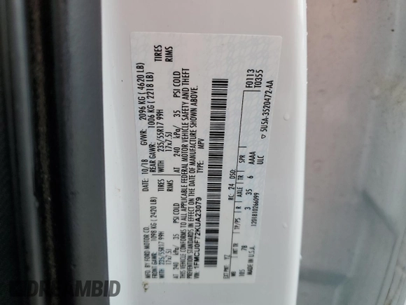 2019 Ford Escape S с VIN 1FMCU0F72KUA23079, выставлен на аукционе Copart как лот 54748785 с пробегом 87 861 миль миль и Списание • Salvage title. История ставок и продаж доступна на DreamBid. Изображение 13.