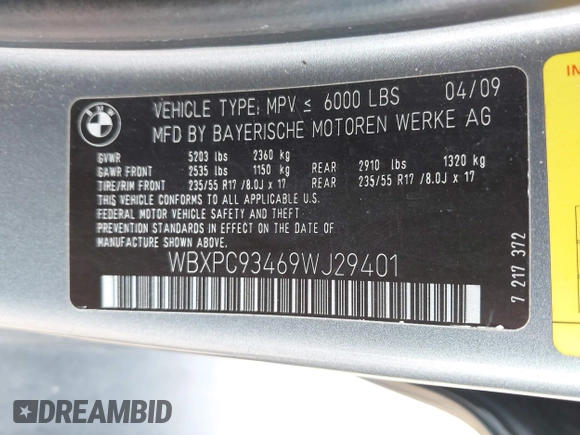 2009 BMW X3 xDrive30i with VIN WBXPC93469WJ29401, listed as a IAAI auction lot 41936422 with 150,856 mi miles. Bid and sale history available at carsss.com. Image 9.