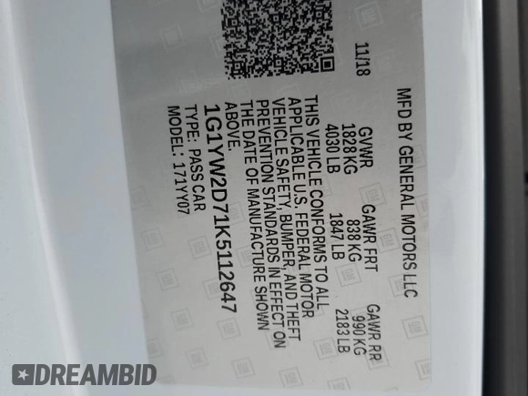 2019 Chevrolet Corvette Grand Sport 1LT с VIN 1G1YW2D71K5112647, выставлен на аукционе Copart как лот 45183765 с пробегом 22 769 миль миль и Списание • Salvage title. История ставок и продаж доступна на DreamBid. Изображение 12.