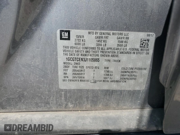 2018 Chevrolet Colorado 4WD LT with VIN 1GCGTCEN3J1105865, listed as a Copart auction lot 64291925 with 193,418 mi miles and Salvage title. Bid and sale history available at DreamBid. Image 12.
