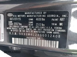2016 Kia Optima SX Turbo with VIN 5XXGW4L2XGG012408, listed as a IAAI auction lot 42465787 with 67,564 mi miles and . Bid and sale history available at DreamBid. Image 9.