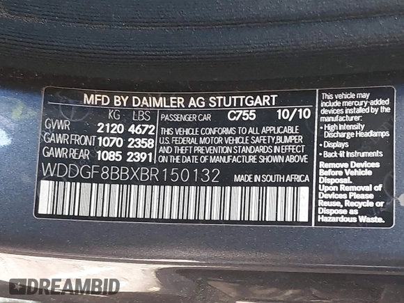 2011 Mercedes-Benz C 300 Sport with VIN WDDGF8BBXBR150132, listed as a IAAI auction lot 41889061 with 125,232 mi miles and . Bid and sale history available at DreamBid. Image 9.